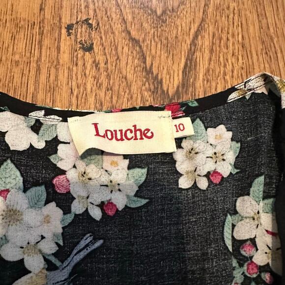 Louche black floral bird v neck short sleeve midi dress size 10 unlined - Picture 4 of 10